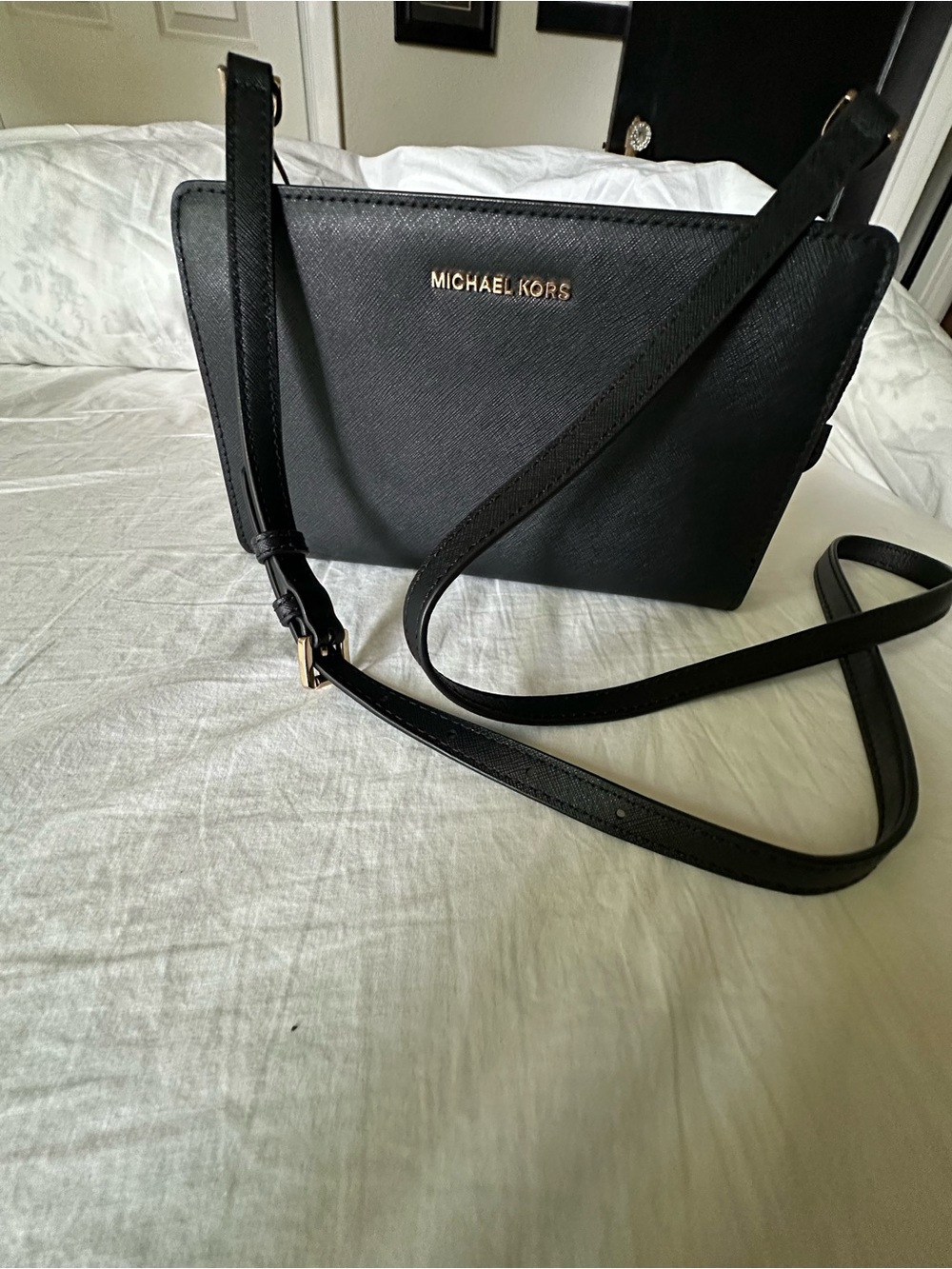 Michael Kors Black Saffiano Leather Crossbody with Gold Logo